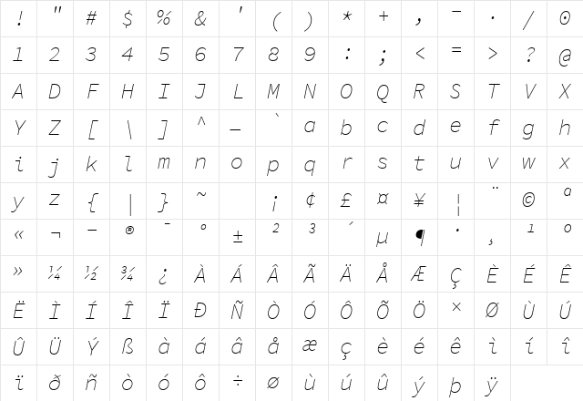 Source Code Pro ExtraLight Italic Character Map