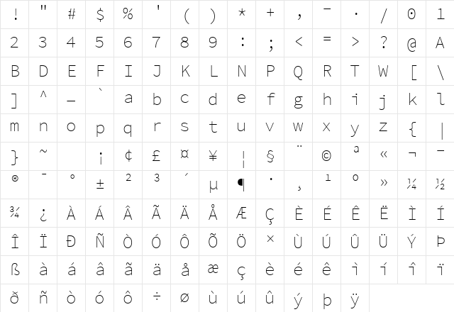 Source Code Pro ExtraLight Regular Character Map