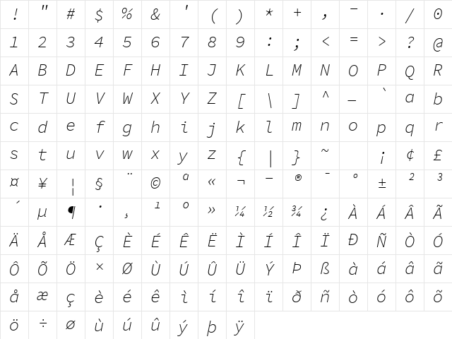 Source Code Pro Light Italic Character Map