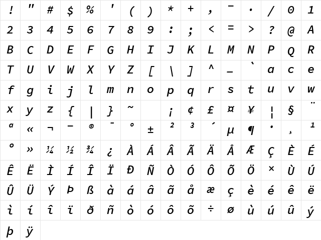 Source Code Pro Semibold Italic Character Map