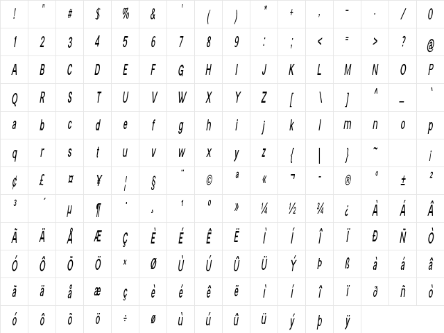 South Fork Extra-condensed Italic Character Map