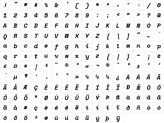 SpaceMono NF Bold Italic Character Map