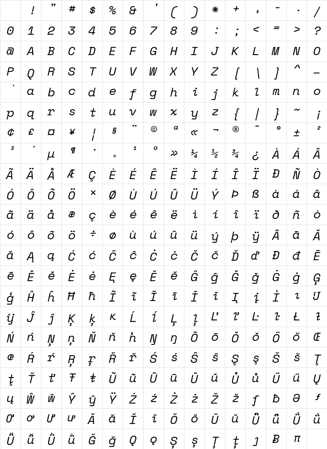 SpaceMono NF Italic Character Map