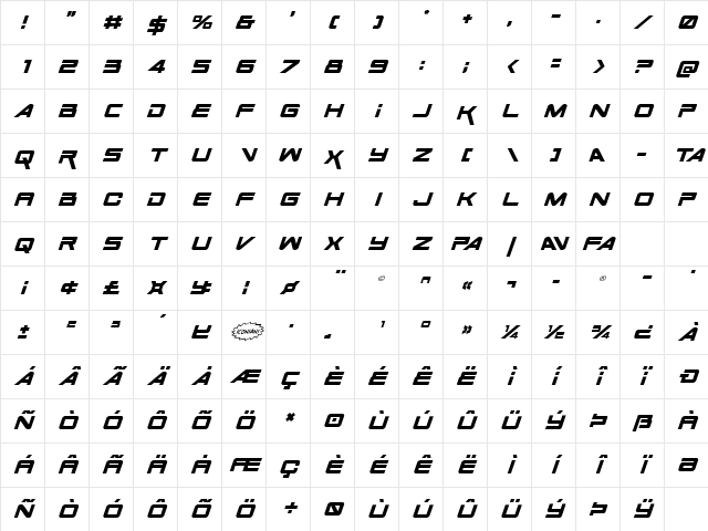Space Ranger Italic Italic Character Map