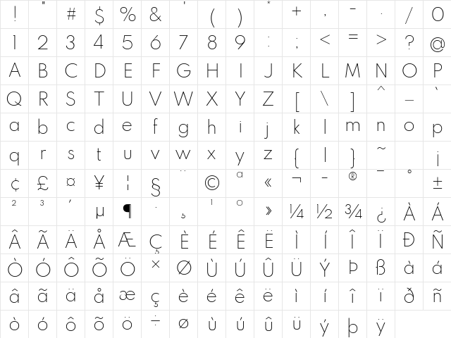 Spartan ExtraLight Regular Character Map
