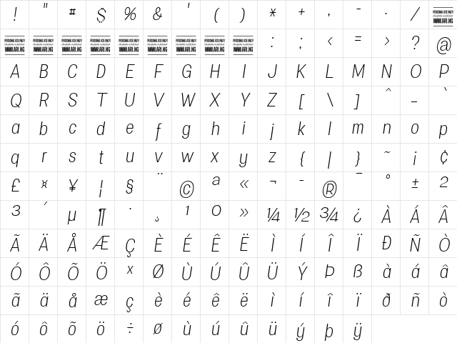 Specify PERSONAL Condensed Light Italic Character Map