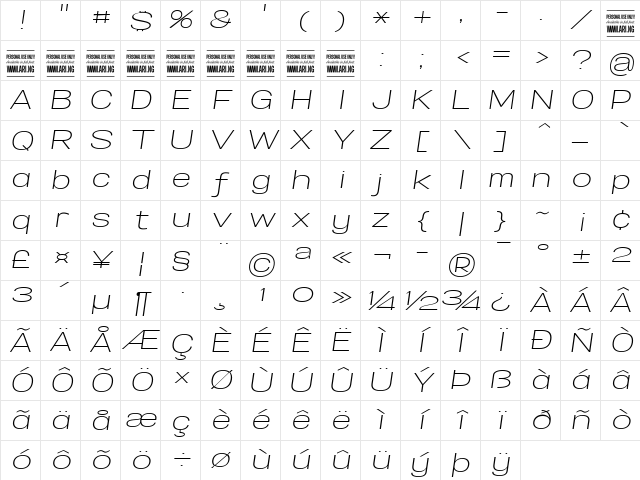 Specify PERSONAL Expanded Light Italic Character Map