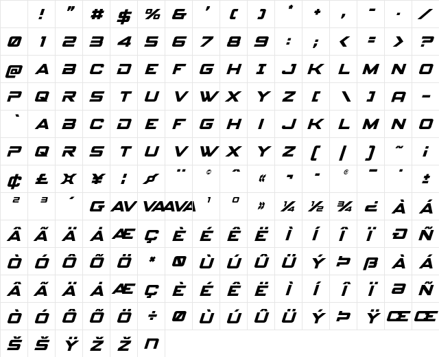Spy Agency Italic Character Map