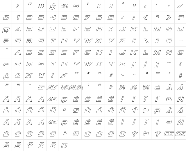 Spy Agency Outline Italic Character Map