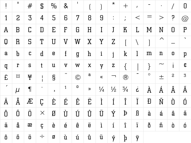 Square Slabserif 711 Light Character Map
