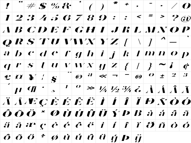 Stamcil Extra-expanded Italic Character Map