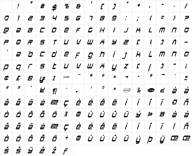 Star Eagle Condensed Italic Character Map