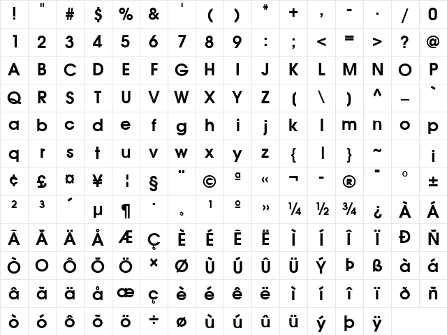 Avalon Bold Character Map