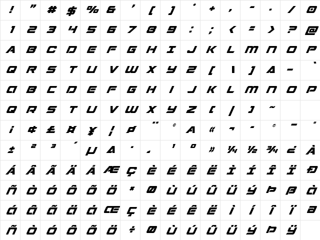 Starduster Super-Italic Italic Character Map