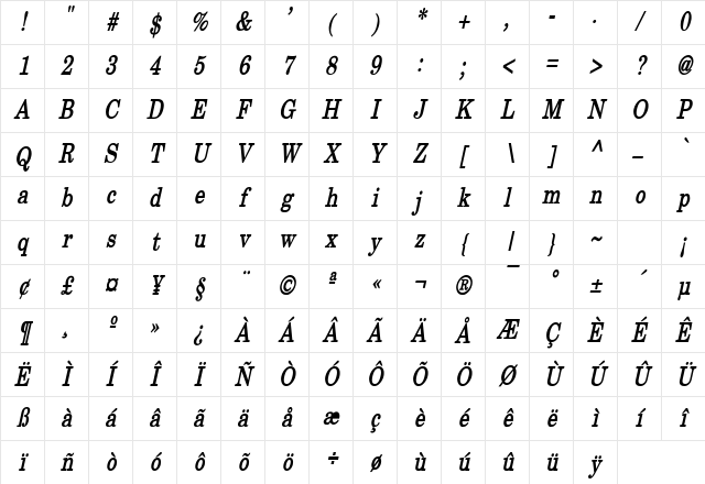 New Boston Thin Bold Italic Character Map