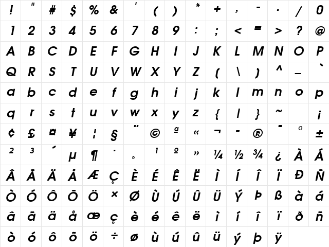 Avalon Bold Italic Character Map