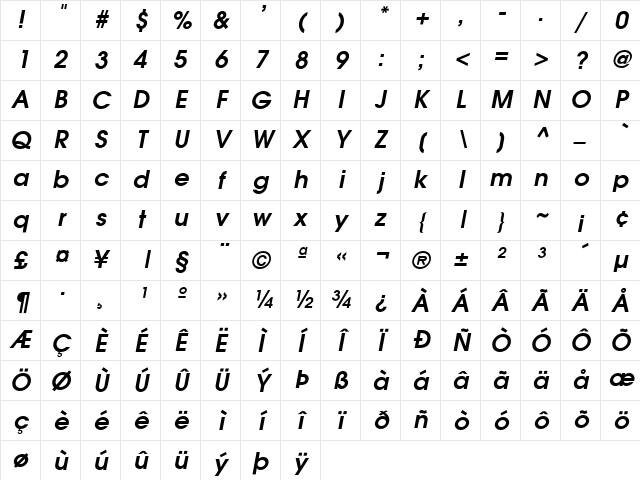 Avalon Bold Italic Character Map