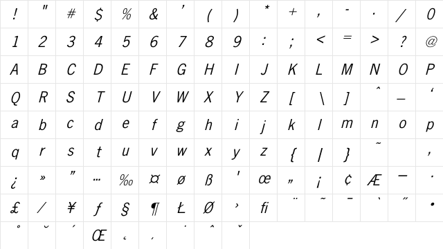 News-Gothic Italic Character Map