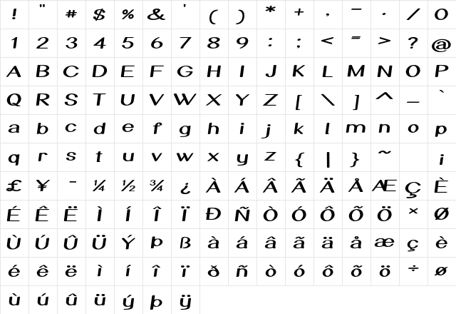Taffeta Extra-expanded Bold Character Map
