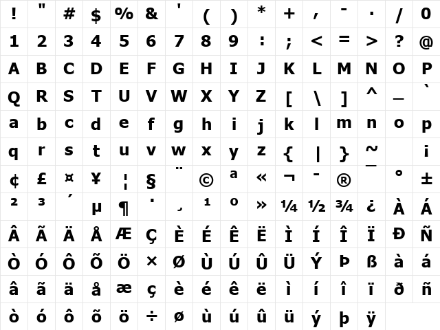 Tahoma Bold Character Map