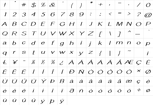 Talima Extra-expanded Italic Character Map