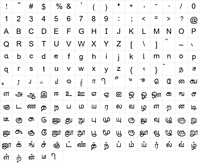 Tamil_Avarangal31TSC Regular Character Map