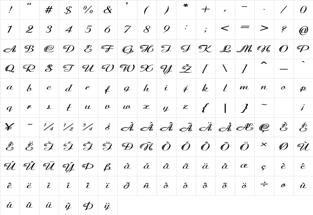 Tannenbaum Extra-expanded Bold Character Map