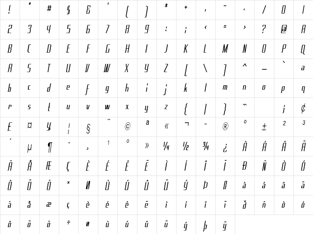 Tanzer Condensed Bold Character Map