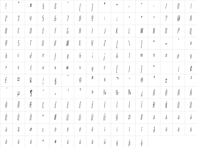 Tanzer Extra-condensed Regular Character Map