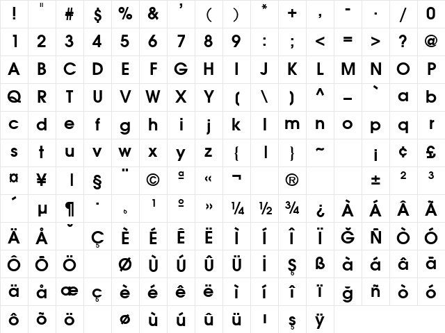 Avalon Bold Character Map