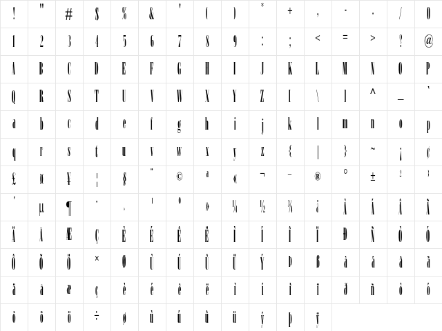 Taranteeno Condensed Regular Character Map