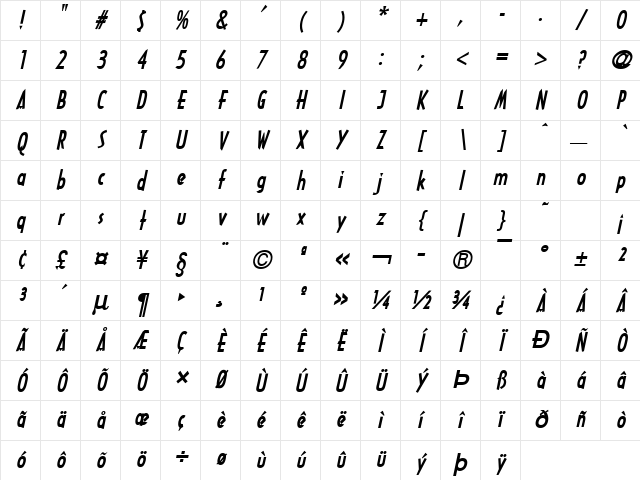 Tech Bold Italic Character Map