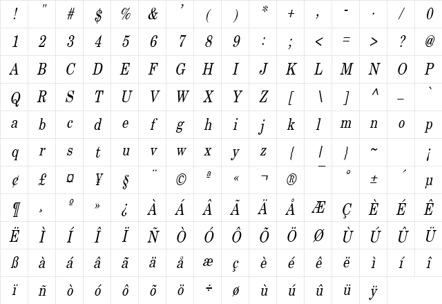 New Boston Thin Italic Character Map