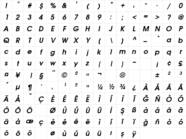 Avalon Bold Italic Character Map