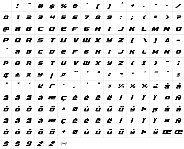 Terran Italic Character Map Terran Italic Character Map