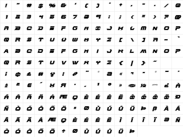 New Cyborg Academy Italic Regular Character Map