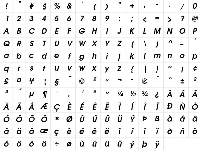 TeX Gyre Adventor Bold Italic Character Map