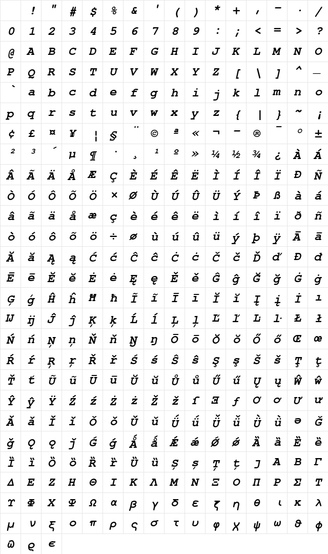 TeX Gyre Cursor Bold Italic Character Map