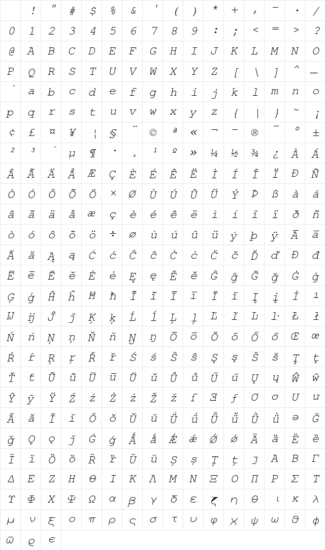 TeX Gyre Cursor Italic Character Map TeX Gyre Cursor Italic Character Map