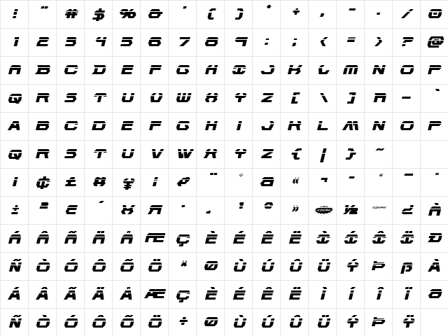 New Cyborg Laser Italic Regular Character Map