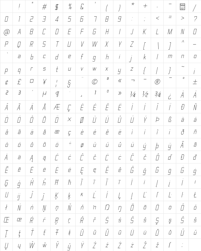 TheMatic Light Italic Character Map