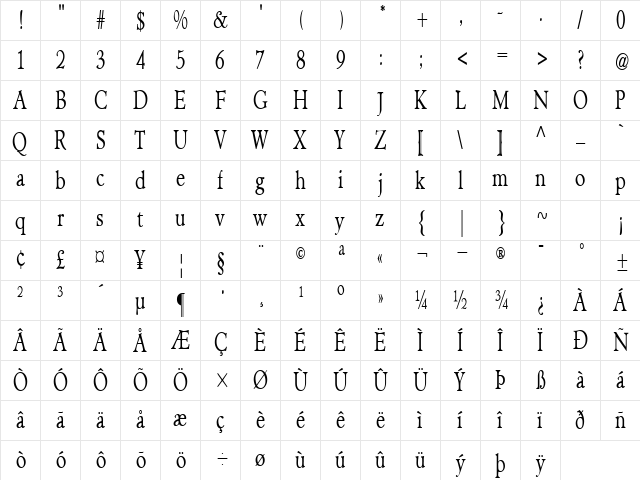 NewHampshireCondensed Regular Character Map
