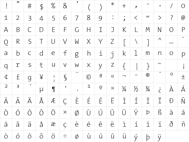 The Sans Mono- Light Character Map