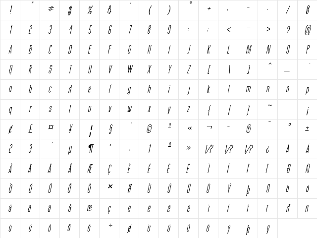 Thin Cool Italic Character Map