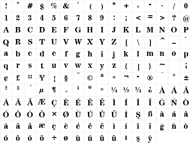 News701 BT Bold Character Map