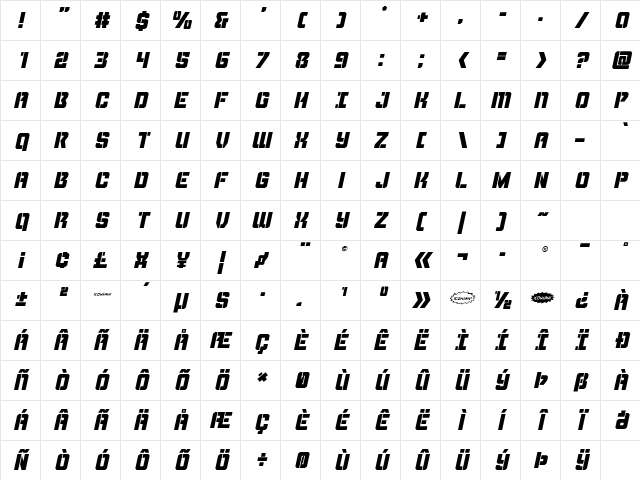 Thunder Trooper Italic Italic Character Map