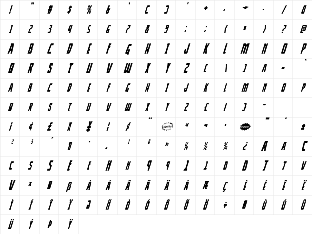 Thunder-Hawk Condensed Italic Condensed Italic Character Map