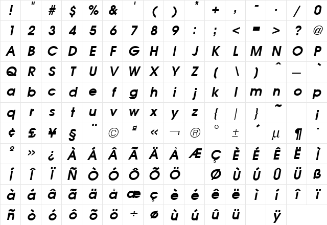 Avant Garde Bold Italic Character Map