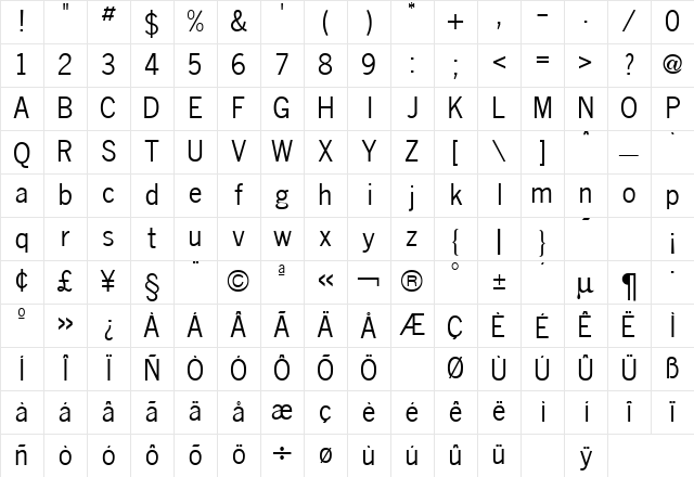 News Gothic Regular Character Map