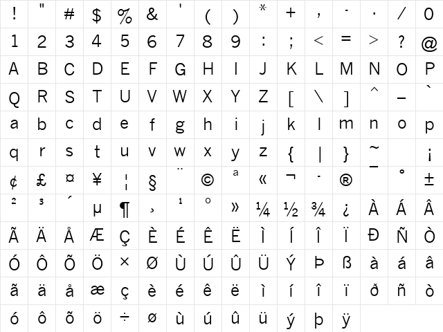 News Gothic Regular Character Map